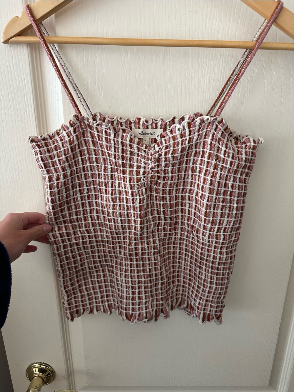 Madewell Rust and White Checkered Smocked Cami Top